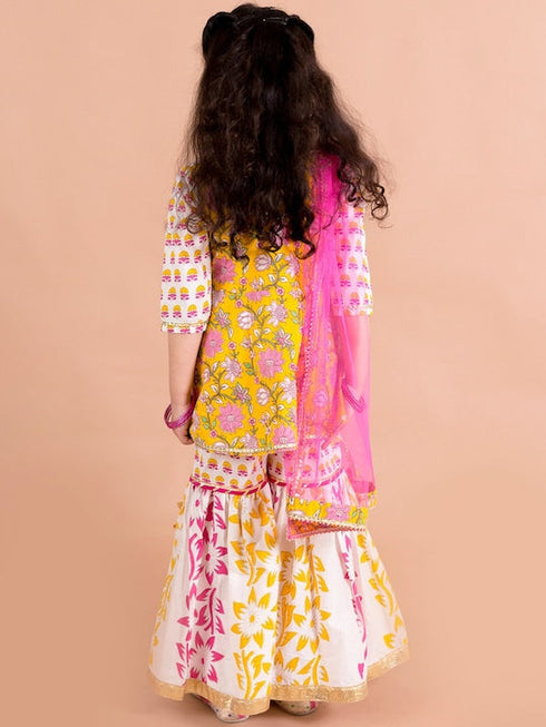 Girls Yellow Floral Printed Pure Cotton Kurti With Sharara With Dupatta